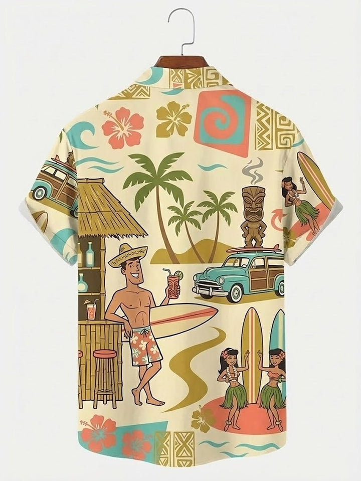 Alohadaddy® Hawaiian Medieval Geometric Cartoon Print Mænds Button-Down Kortærmet Skjorte Big & Tall