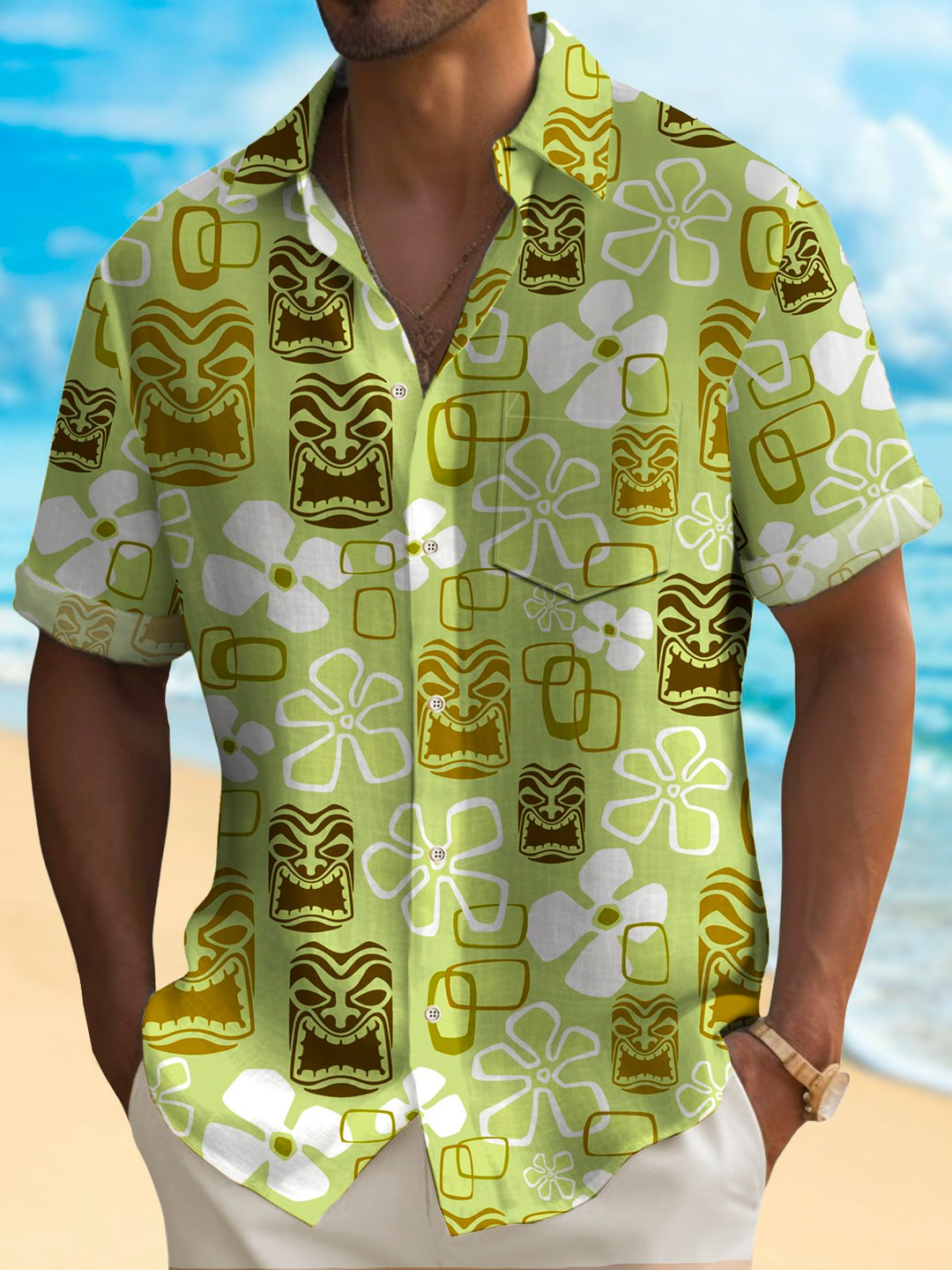 Alohadaddy Vintage Holiday Tiki Art Green Men's Hawaiian Shirts Stretch Aloha Camp Pocket Shirts