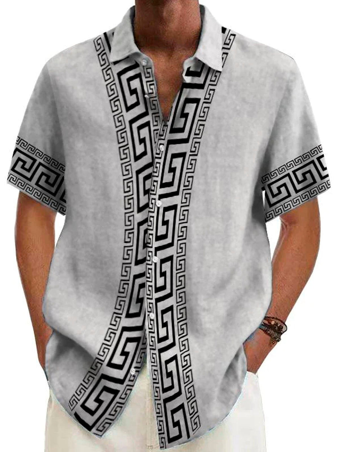 Alohadaddy Retro Geometric Print Men's Button Pocket Short Sleeve Shirt