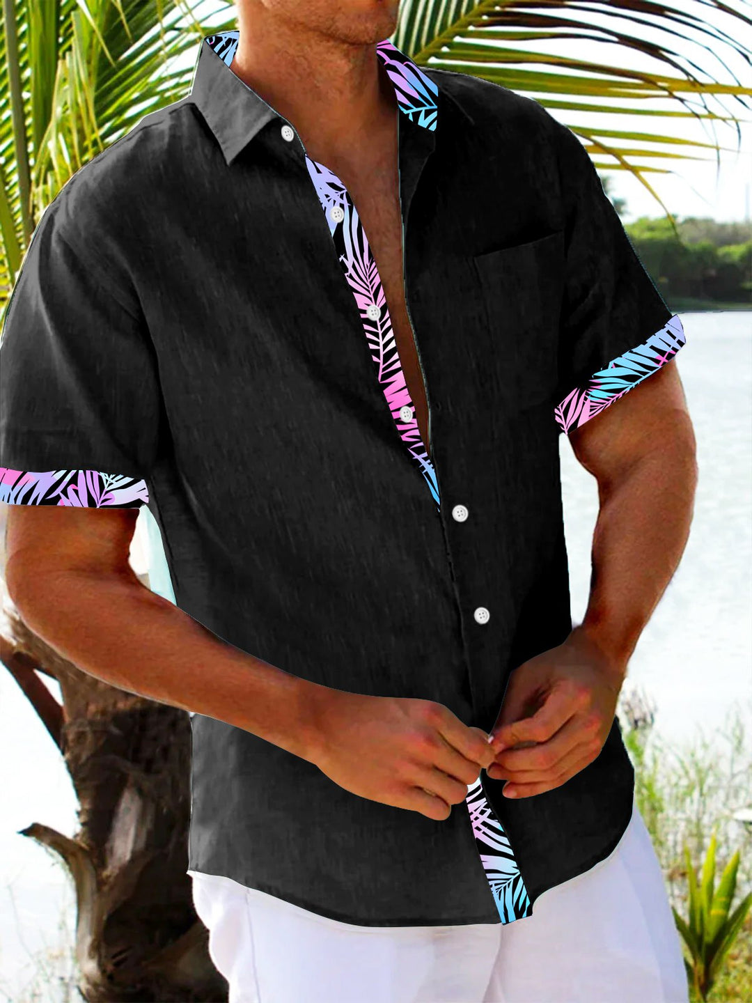 Alohadaddy Basic Men's Hawaiian Shirt Pink Botanical Print Stretch Pocket Camping Shirt