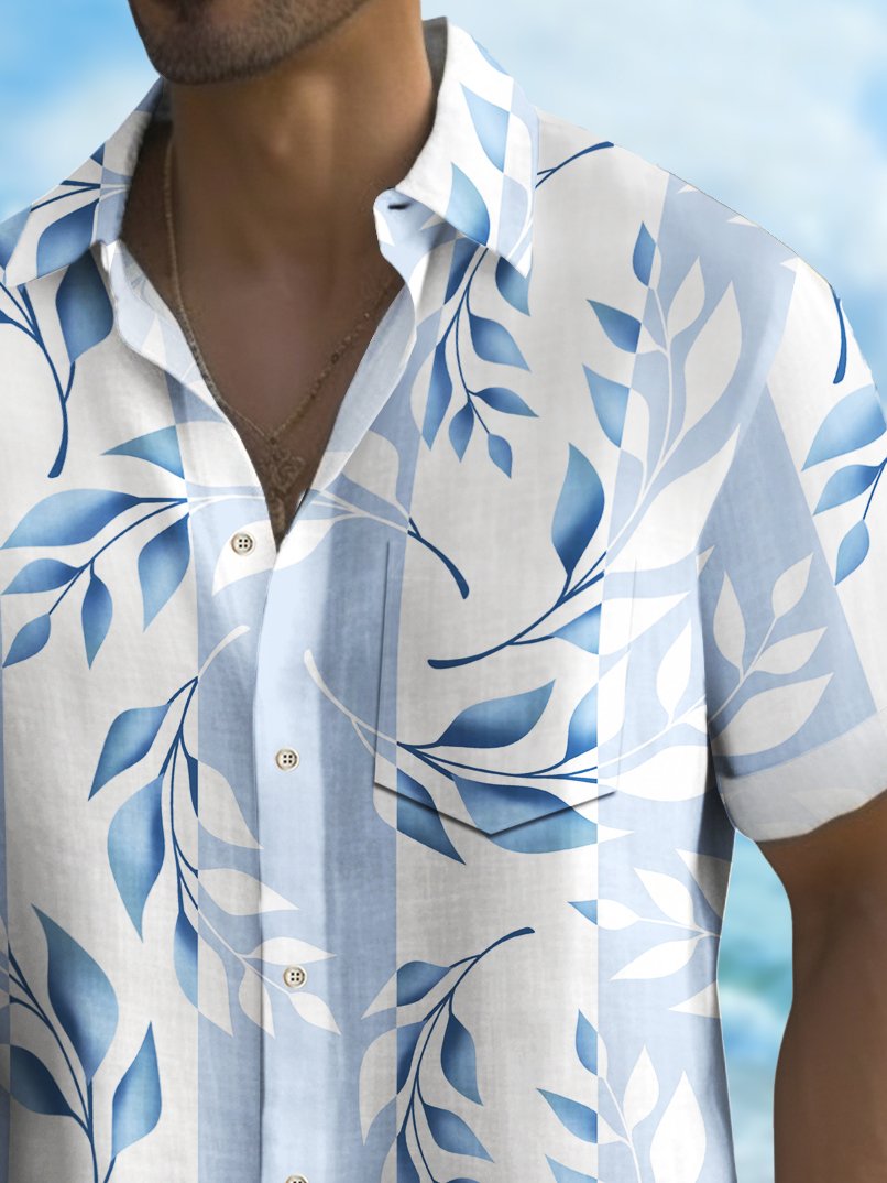 Alohadaddy Beach Vacation Men's Hawaiian Shirt Plant Leaf Print Pocket Camping Shirt