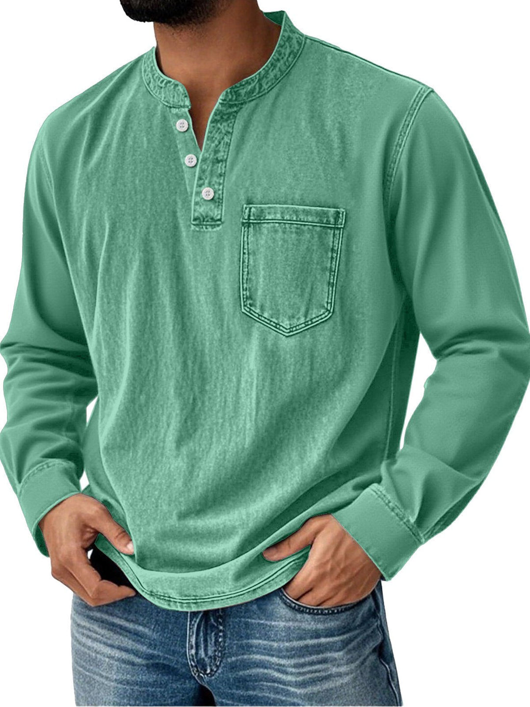 Alohadaddy® Basic Men's Casual Fashion Elastic Button Open Collar Long Sleeve Pocket T-Shirt Big Tall