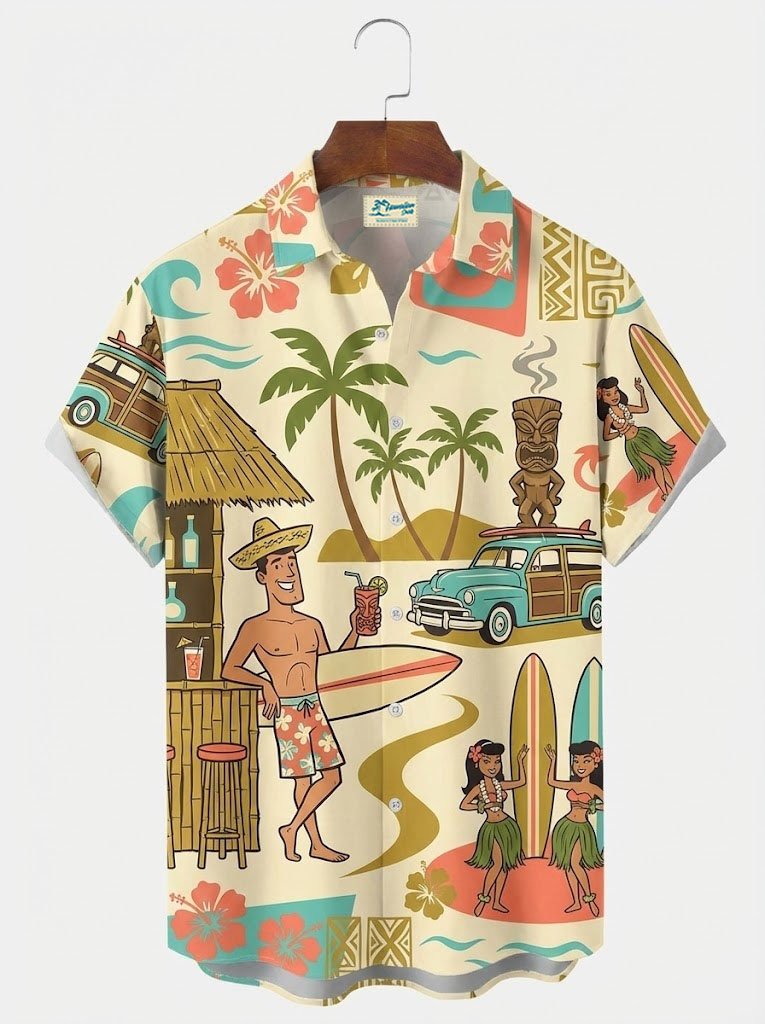 Alohadaddy® Hawaiian Medieval Geometric Cartoon Print Mænds Button-Down Kortærmet Skjorte Big & Tall