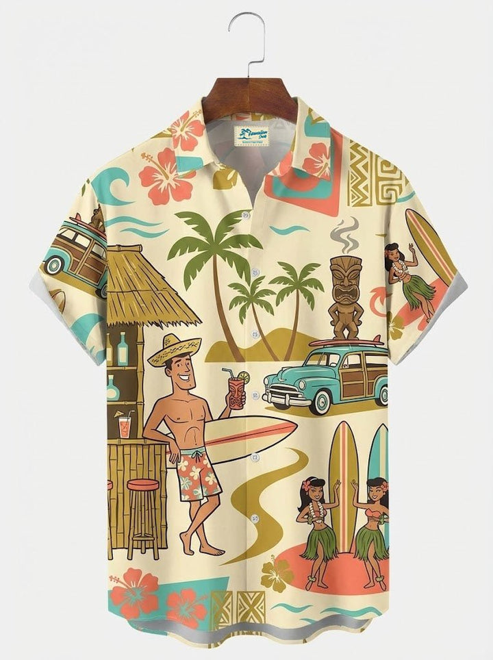 Alohadaddy® Hawaiian Medieval Geometric Cartoon Print Mænds Button-Down Kortærmet Skjorte Big & Tall