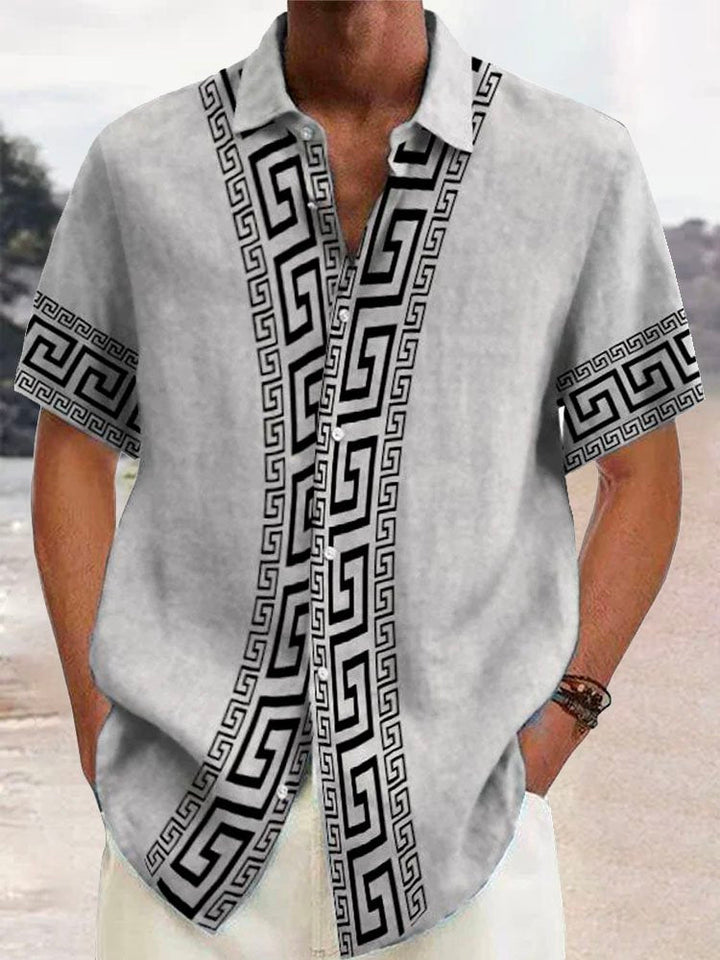 Alohadaddy Retro Geometric Print Men's Button Pocket Short Sleeve Shirt