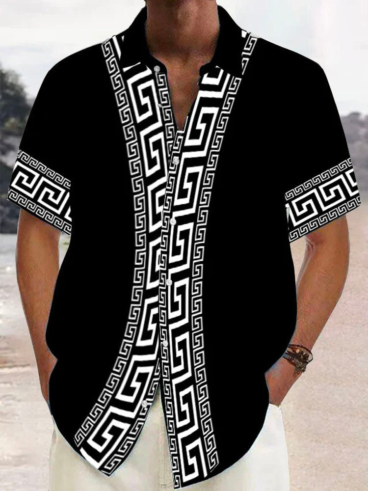 Alohadaddy Retro Geometric Print Men's Button Pocket Short Sleeve Shirt