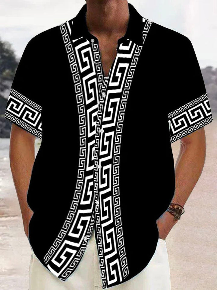 Alohadaddy Retro Geometric Print Men's Button Pocket Short Sleeve Shirt