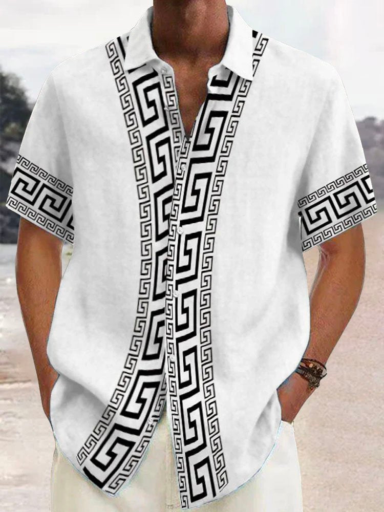 Alohadaddy Retro Geometric Print Men's Button Pocket Short Sleeve Shirt