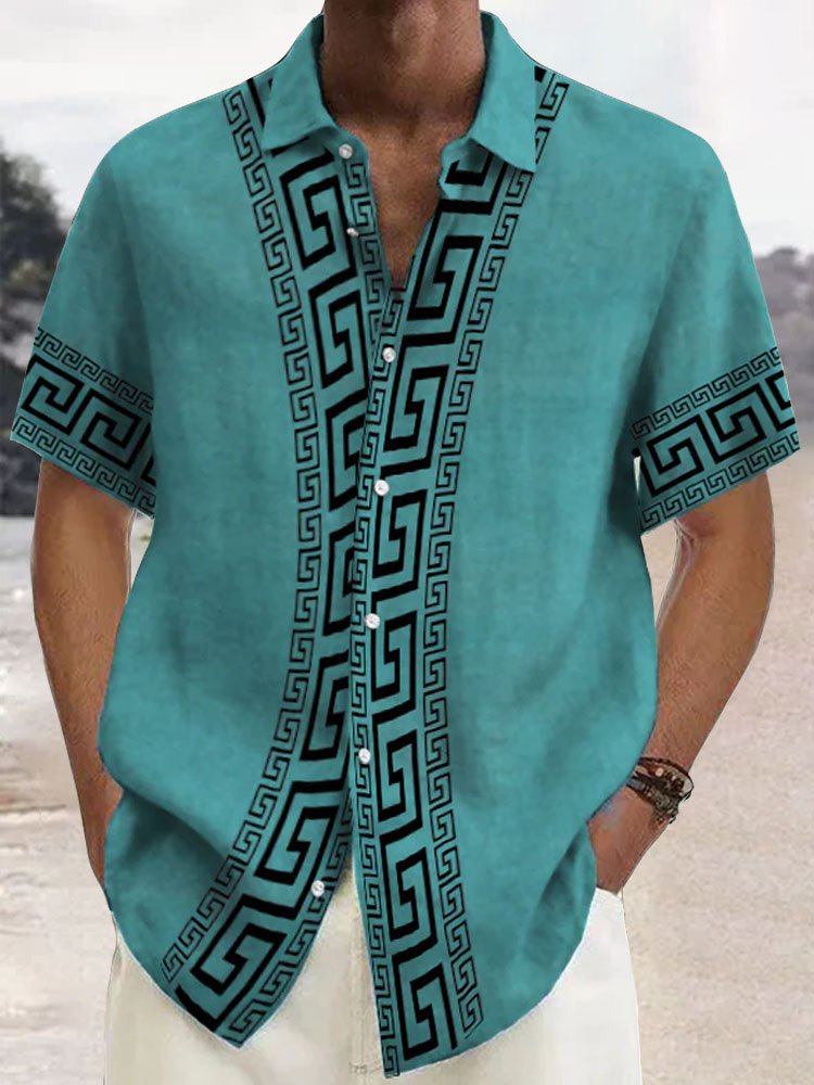 Alohadaddy Retro Geometric Print Men's Button Pocket Short Sleeve Shirt