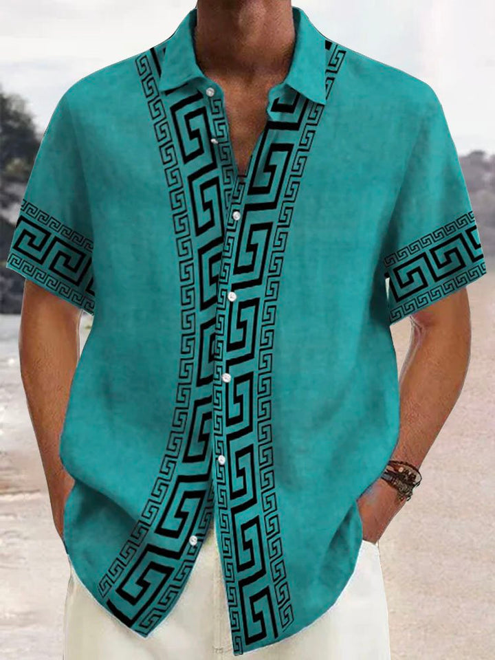 Alohadaddy Retro Geometric Print Men's Button Pocket Short Sleeve Shirt