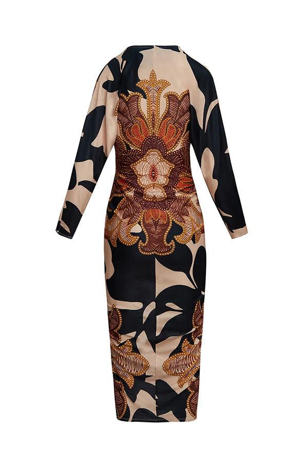Unique Print Dolman Long Sleeve Ruched Slit Midi Dress