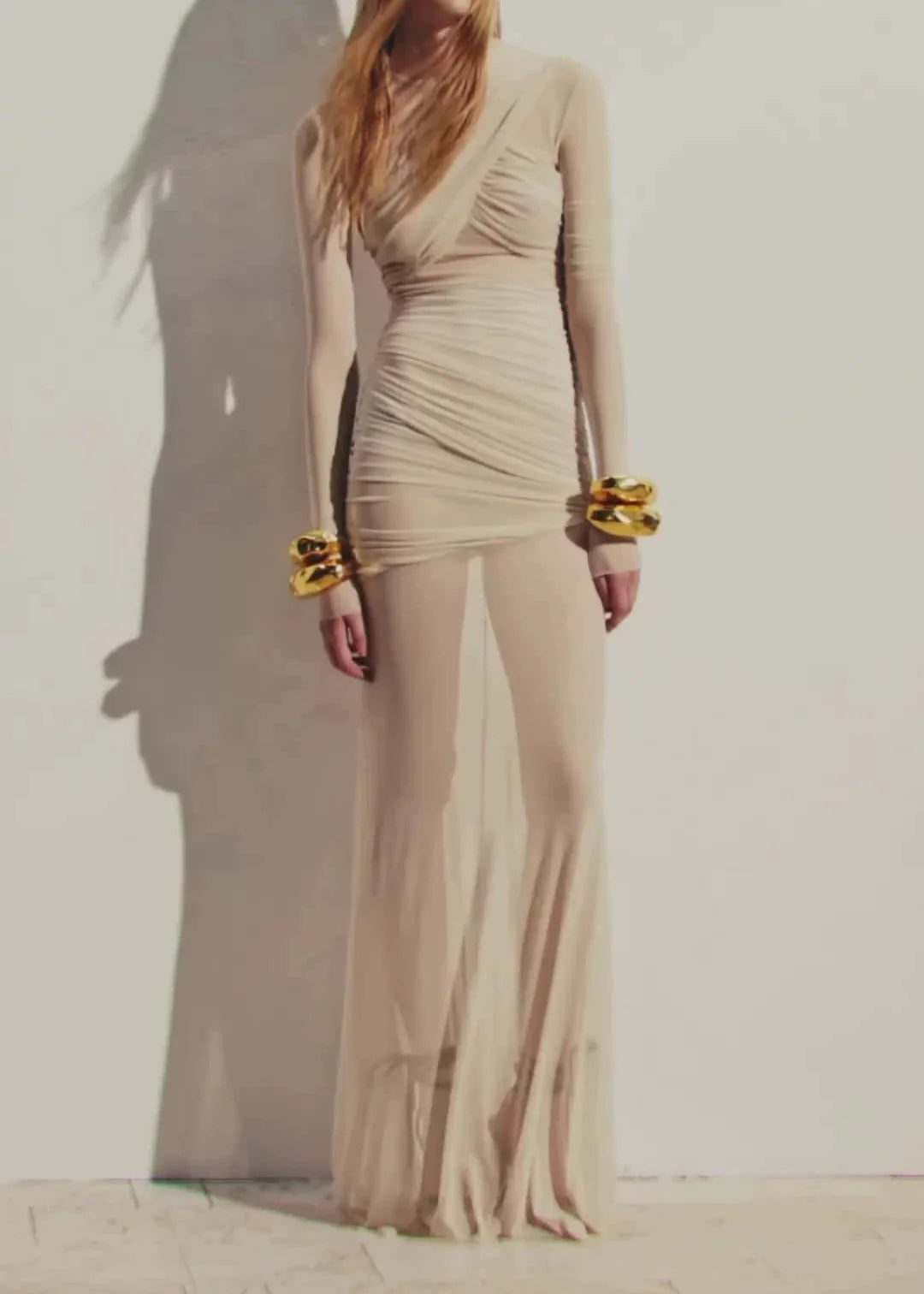 Ramesh Long Sleeve Mesh Insert Draped Maxi Dress In Apricot