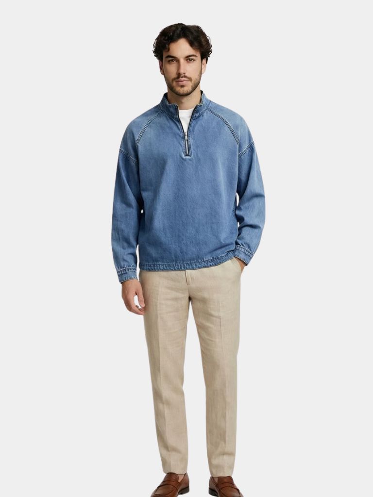 Stonewashed Denim Quarter-Zip Jakke