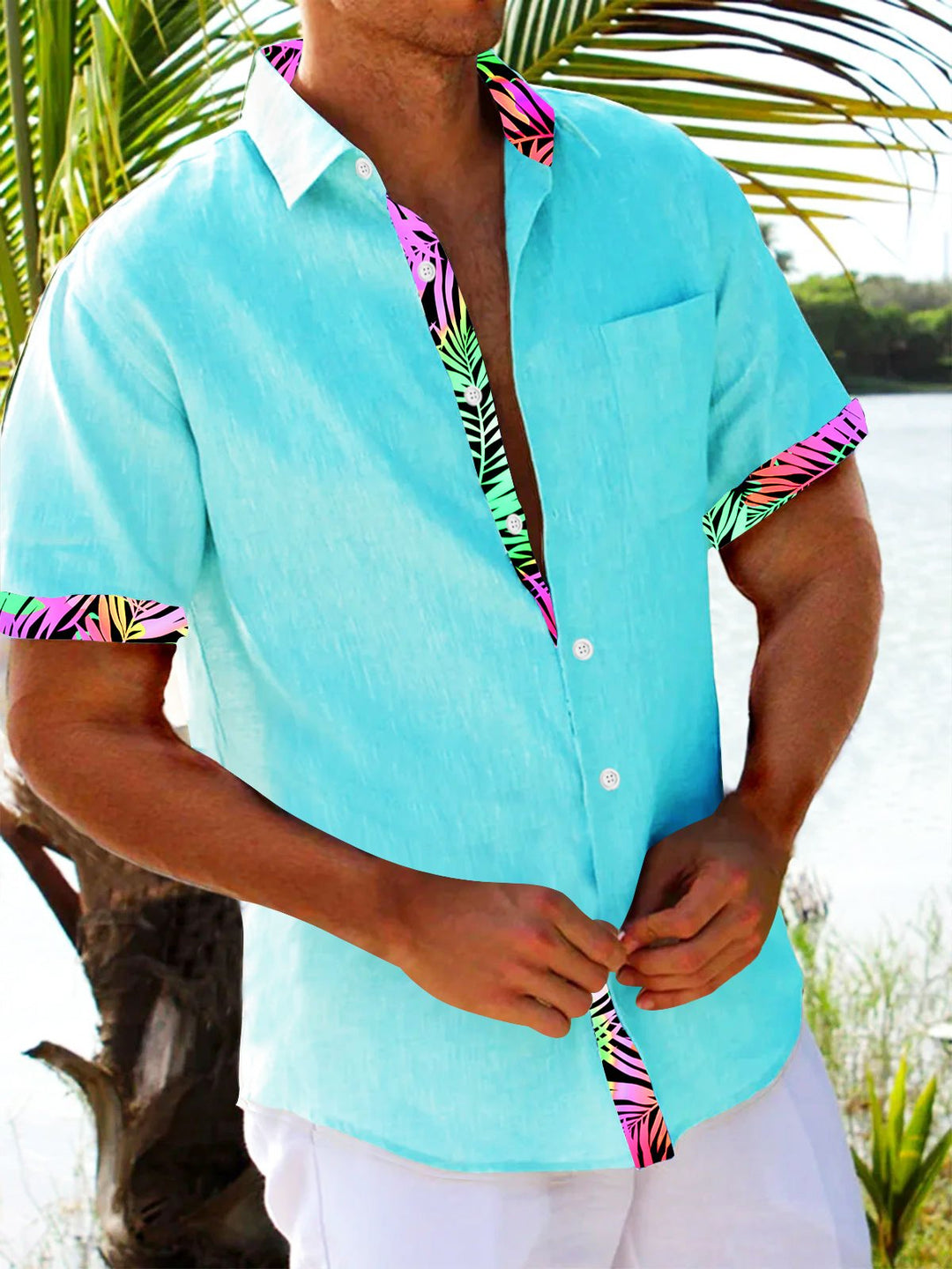 Alohadaddy Basic Men's Hawaiian Shirt Pink Botanical Print Stretch Pocket Camping Shirt