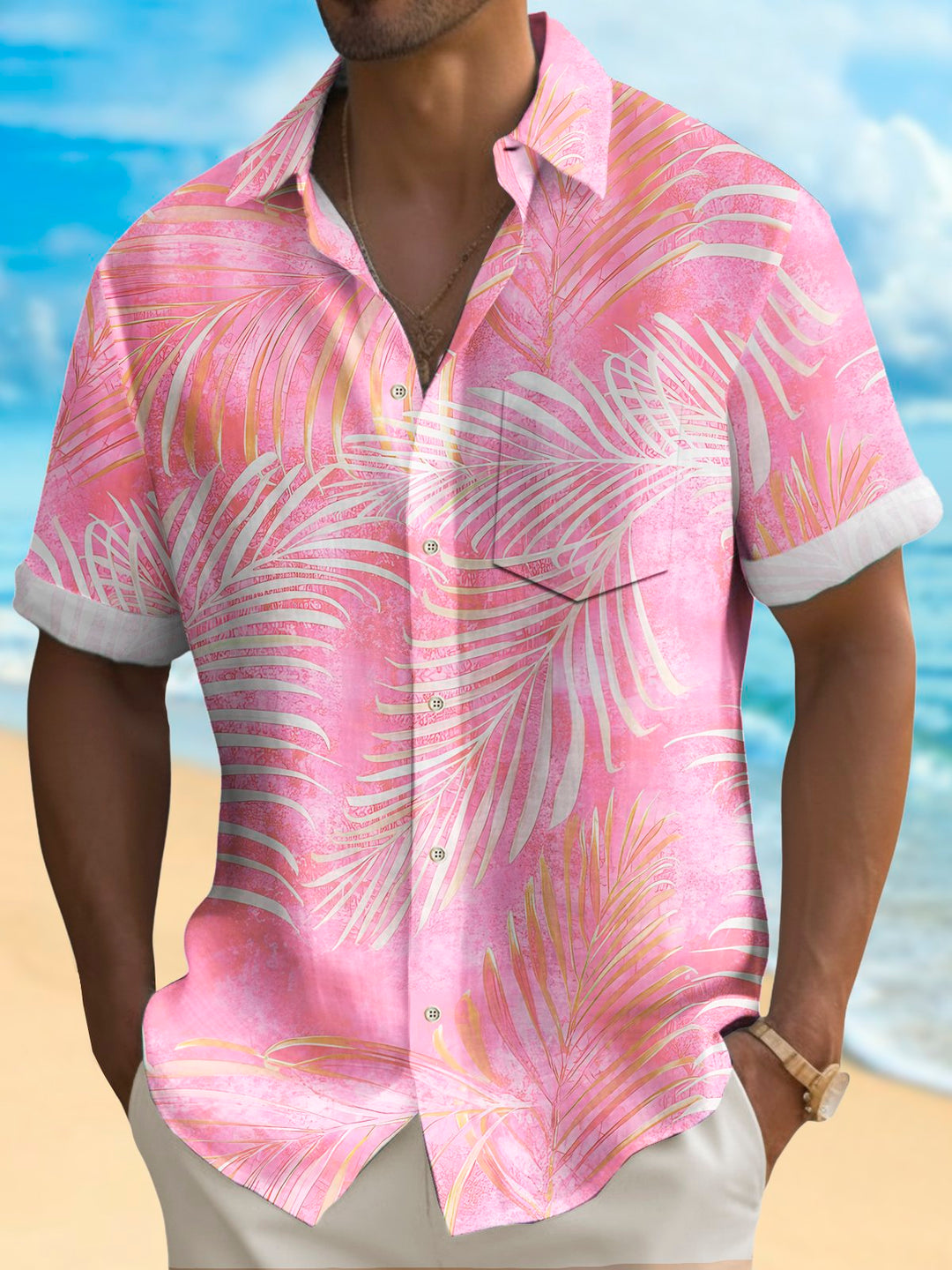 Alohadaddy Beach Vacation Men's Hawaiian Shirt Gradient Botanical Print Stretch Pocket Camping Shirt Big Tall