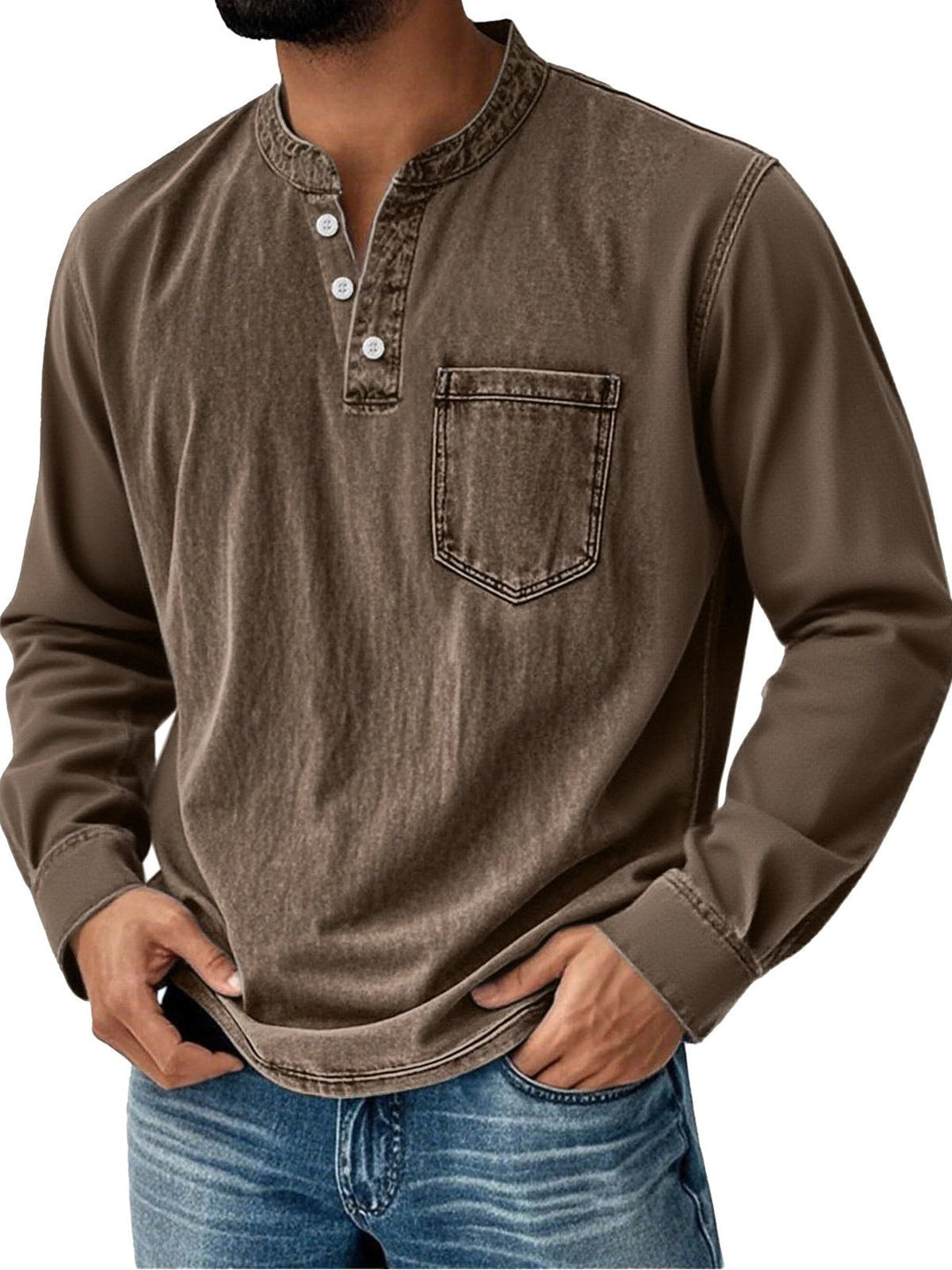 Alohadaddy® Basic Men's Casual Fashion Elastic Button Open Collar Long Sleeve Pocket T-Shirt Big Tall