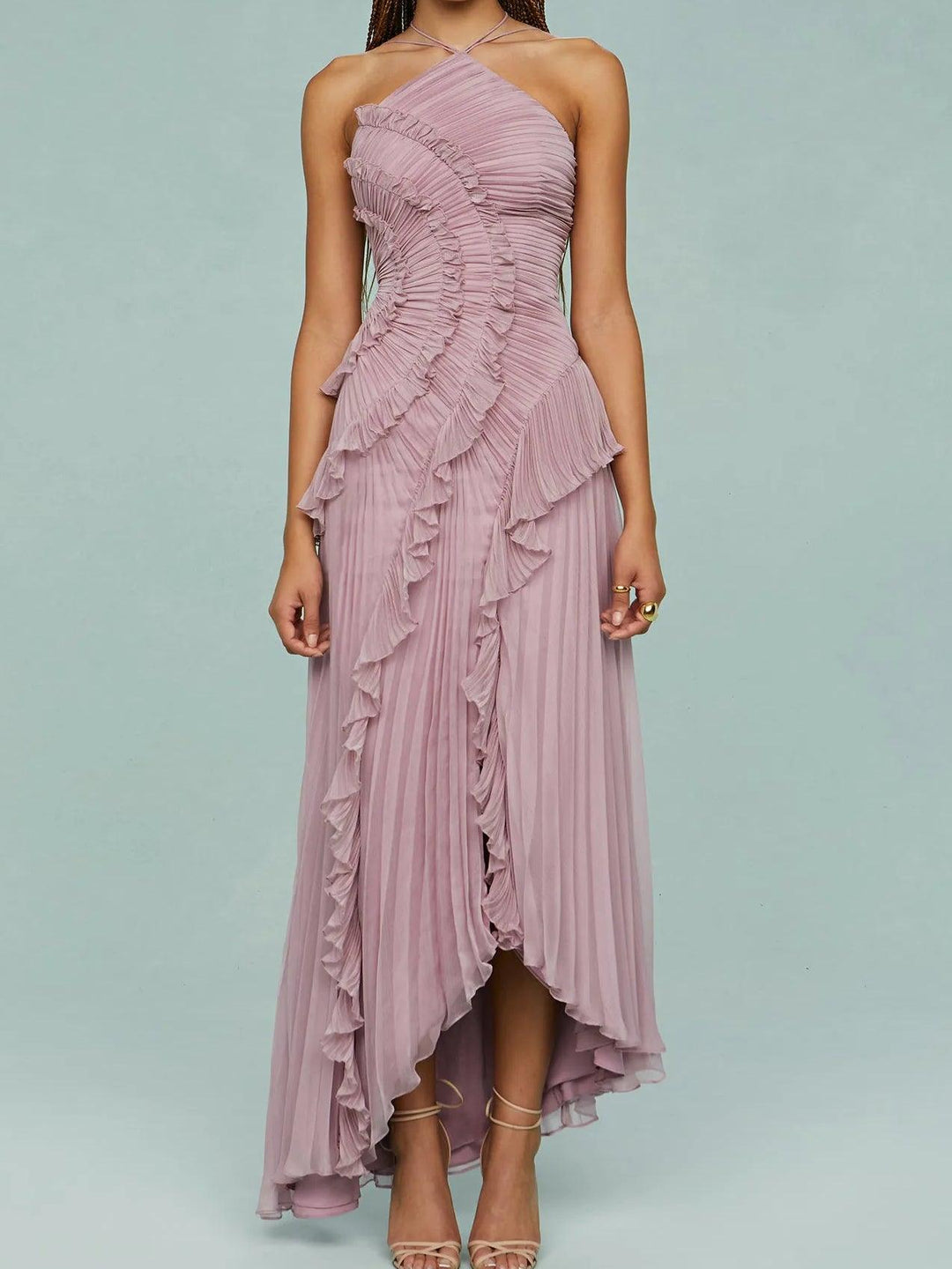 Pleated Suspender Long Dress With Slits