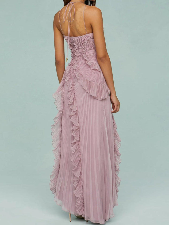 Pleated Suspender Long Dress With Slits