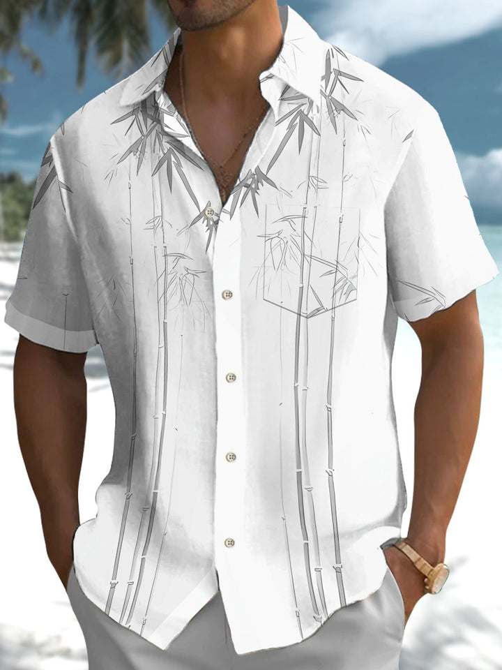 Alohadaddy® Casual Bamboo Watercolor Print Art Stretch Pocket Men's Short Sleeve Shirt Big & Tall