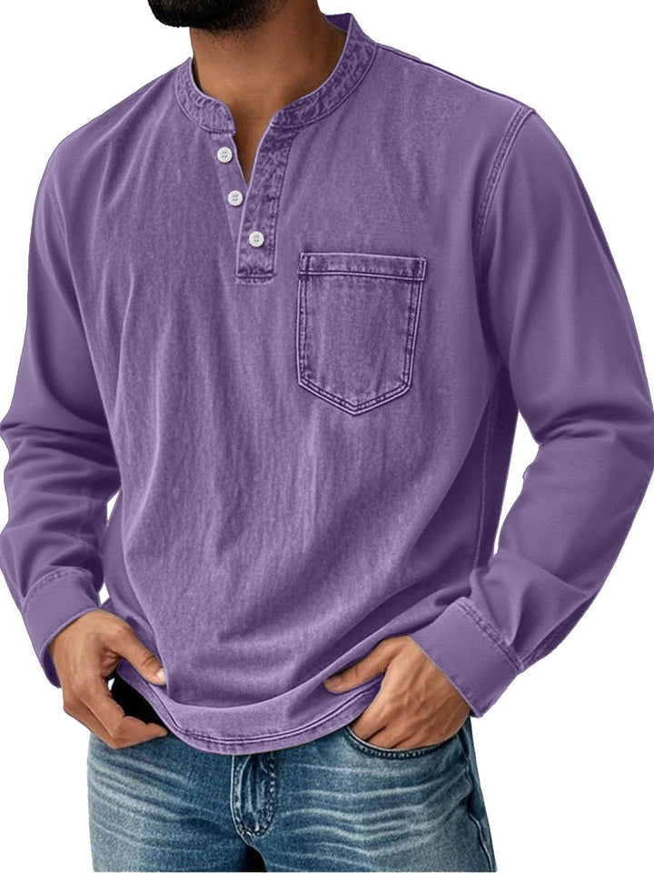 Alohadaddy® Basic Men's Casual Fashion Elastic Button Open Collar Long Sleeve Pocket T-Shirt Big Tall