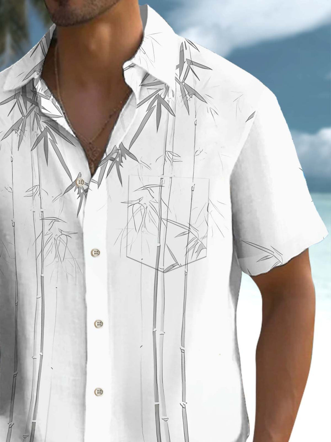 Alohadaddy® Casual Bamboo Watercolor Print Art Stretch Pocket Men's Short Sleeve Shirt Big & Tall