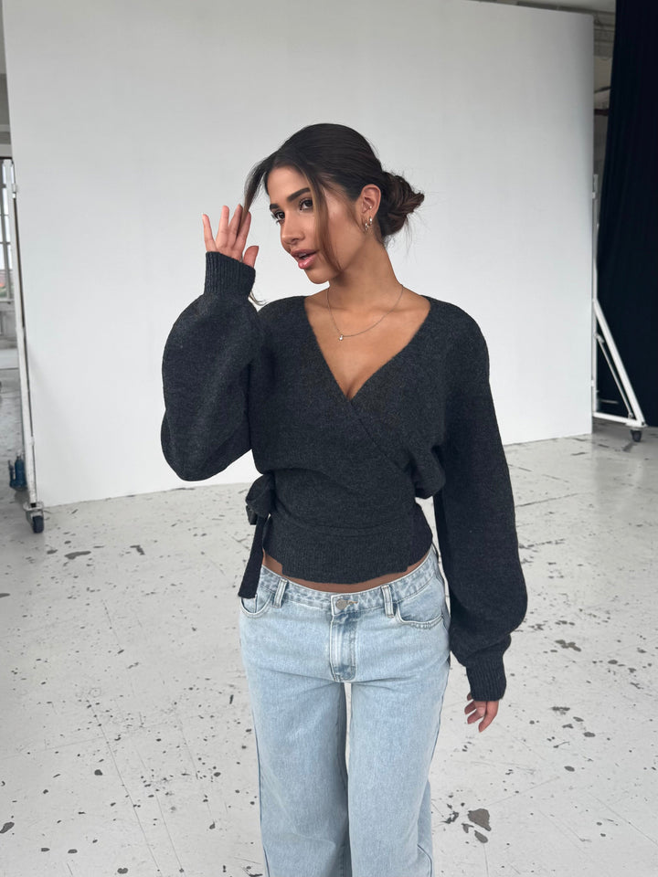 Wool blend wrap cardigan - mørk grå