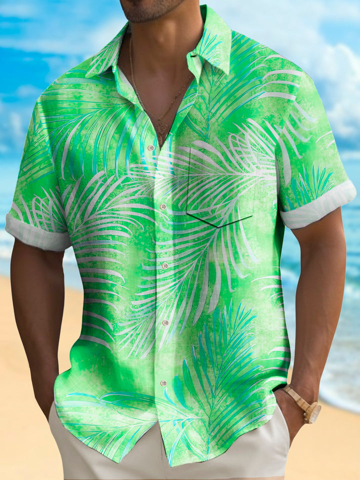 Alohadaddy Beach Vacation Men's Hawaiian Shirt Gradient Botanical Print Stretch Pocket Camping Shirt Big Tall