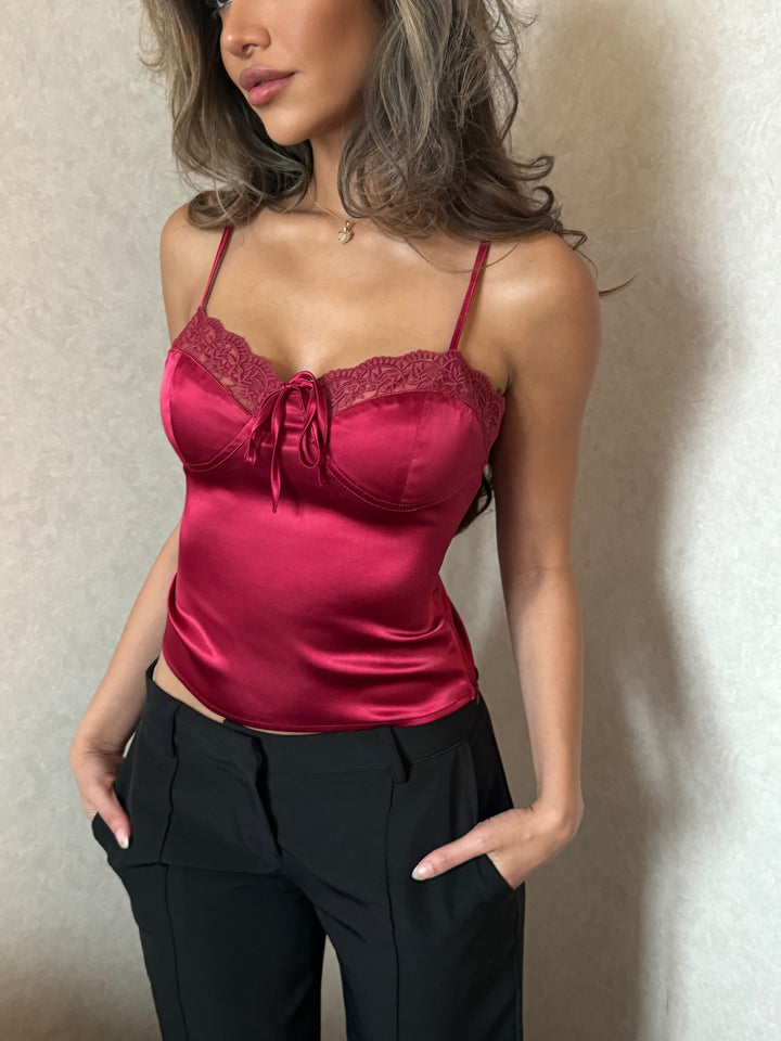 Silky lace top - mørk rød