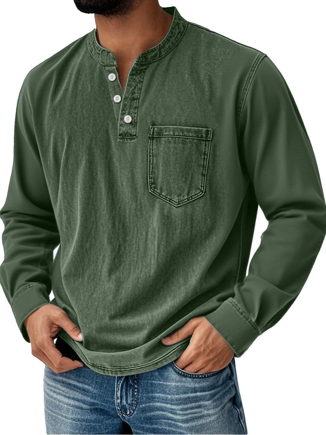 Alohadaddy® Basic Men's Casual Fashion Elastic Button Open Collar Long Sleeve Pocket T-Shirt Big Tall