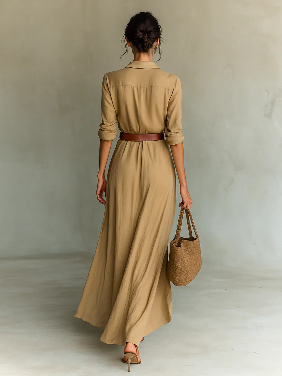 Ladies Lapel Long Sleeve Shirt Belted Maxi Dress