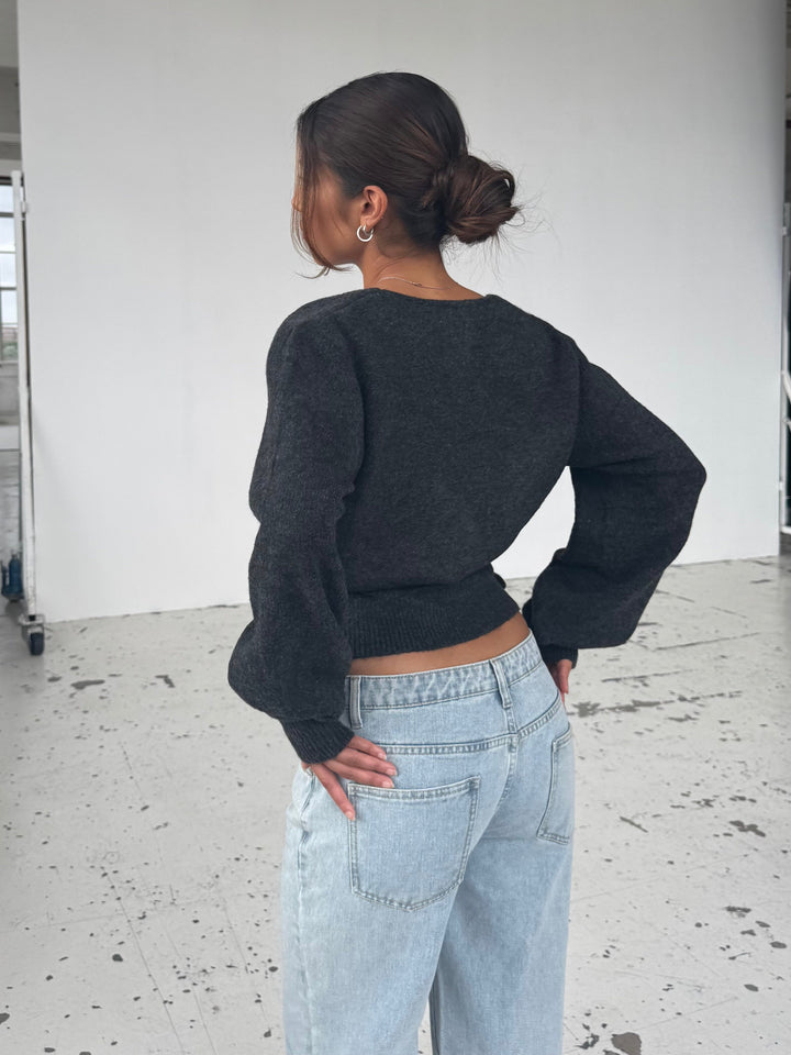 Wool blend wrap cardigan - mørk grå