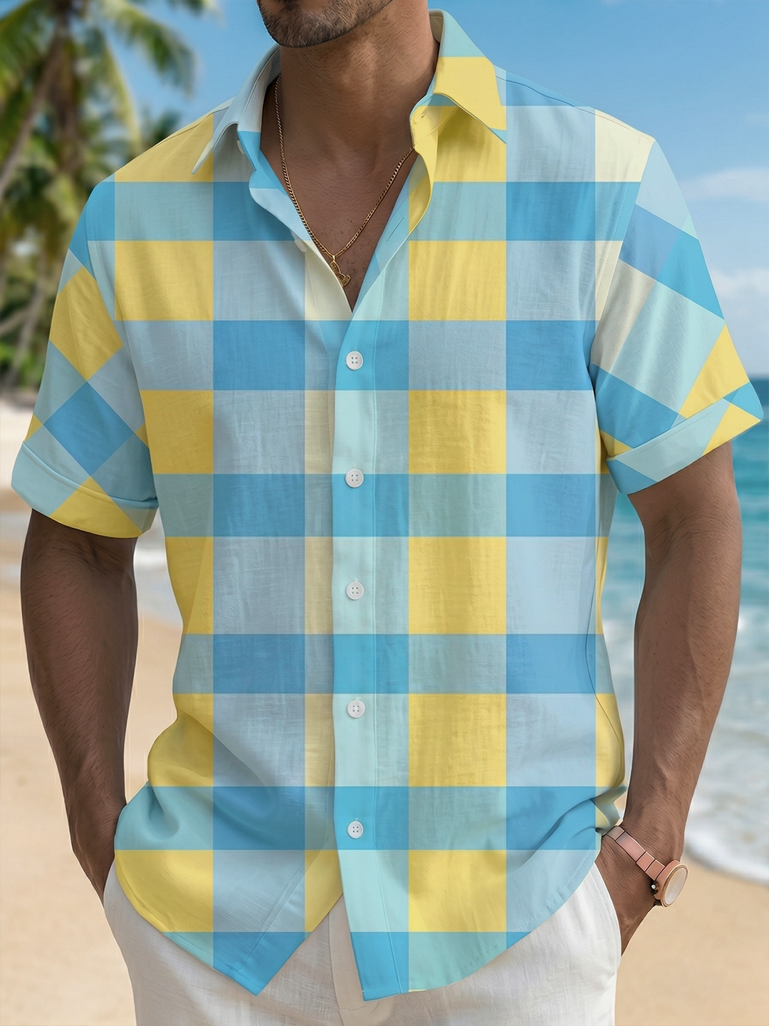 Alohadaddy® Men's Basic Pastel Plaid Check Print Button-Down Pocket Short-Sleeve Shirt Big & Tall