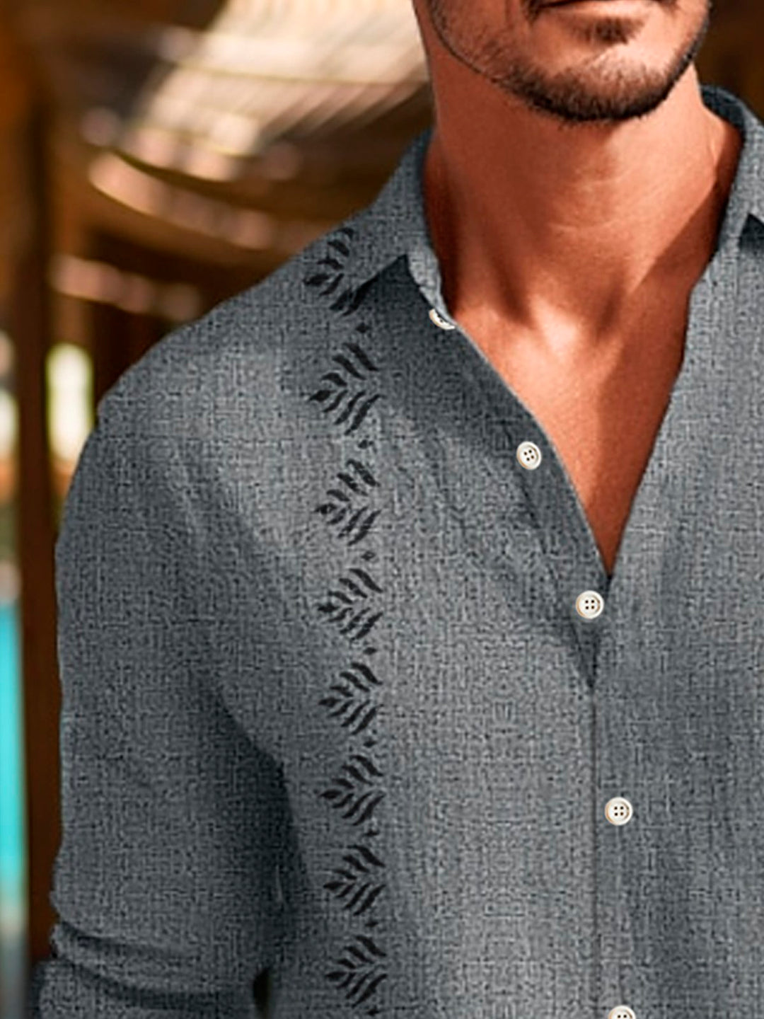 Alohadaddy Retro Geometric Textured Print Men's Button Pocket Long Sleeve Shirt