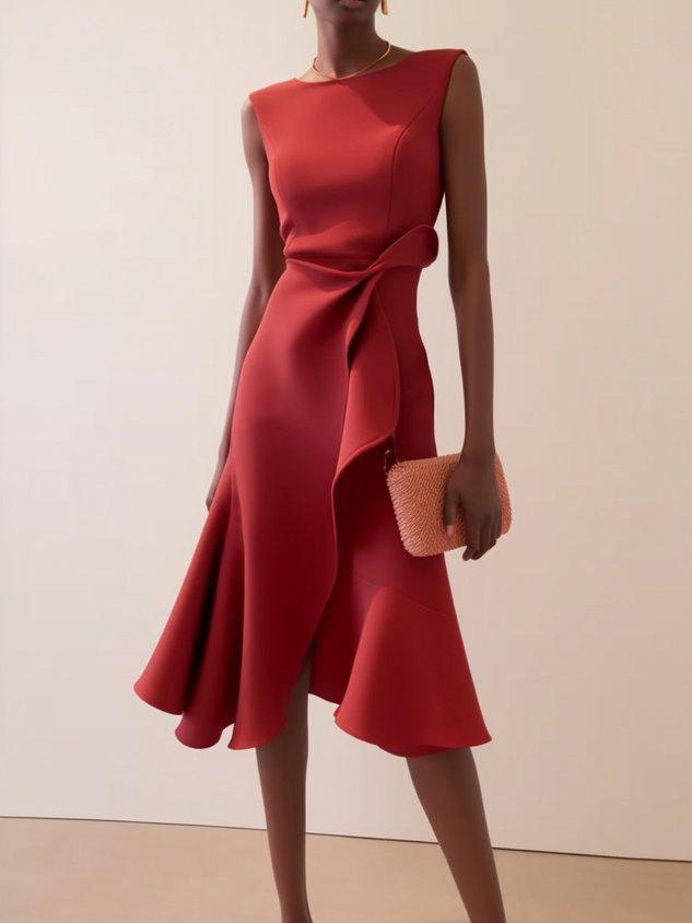 Red Sleeveless Midi Elegant A-line Dress with Waist Twist for Day-to-Night