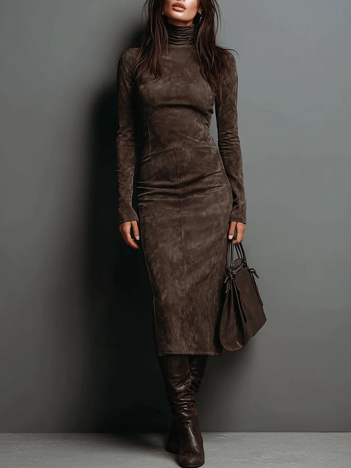 High Neck Long Sleeve Suede Midi Dress