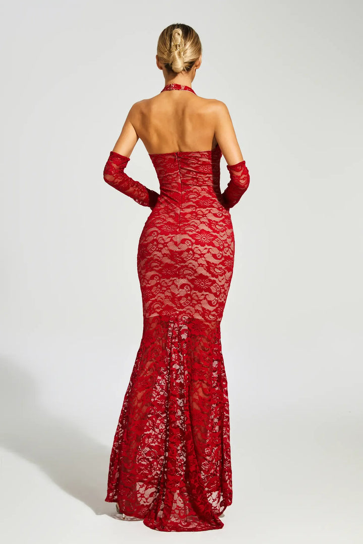 Denali Lace Mesh Maxi Dress In Wine Red