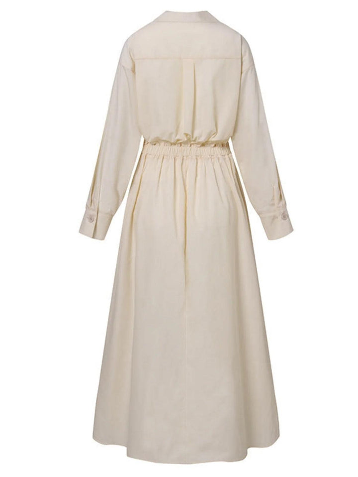 Elegant Pocket Button Lapel Collar Fold Solid Midi Dress