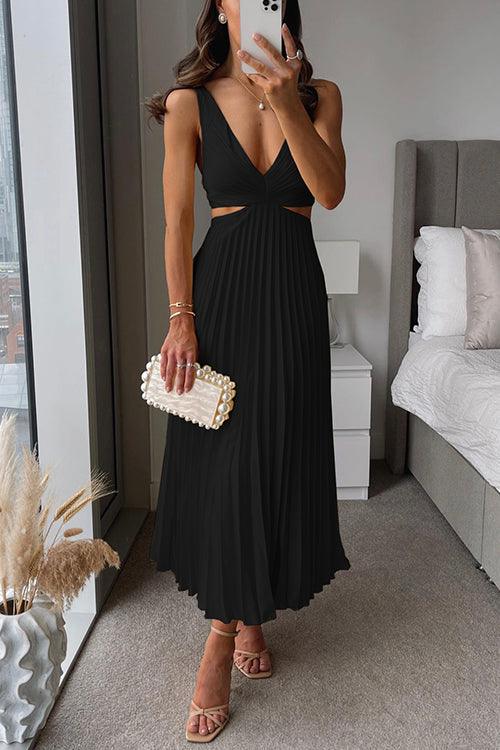 V Neck Cut Out Waist Sleeveless Pleated Maxi Dress