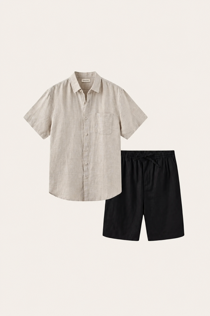 Skjorte og Shorts i Linned Verona Beige/Sort