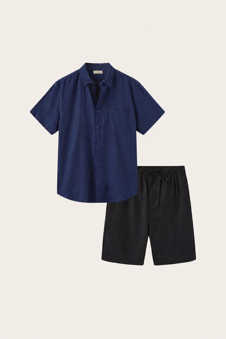 Skjorte og Shorts i Linned Verona Blå/Sort