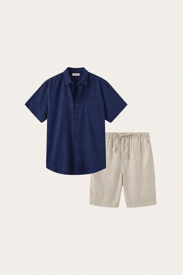 Skjorte og Shorts i Linned Verona Blå/Naturlig