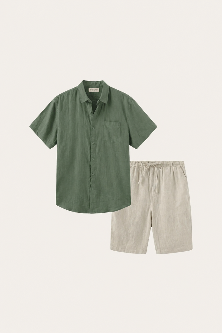 Skjorte og Shorts i Linned Verona Grøn/Beige