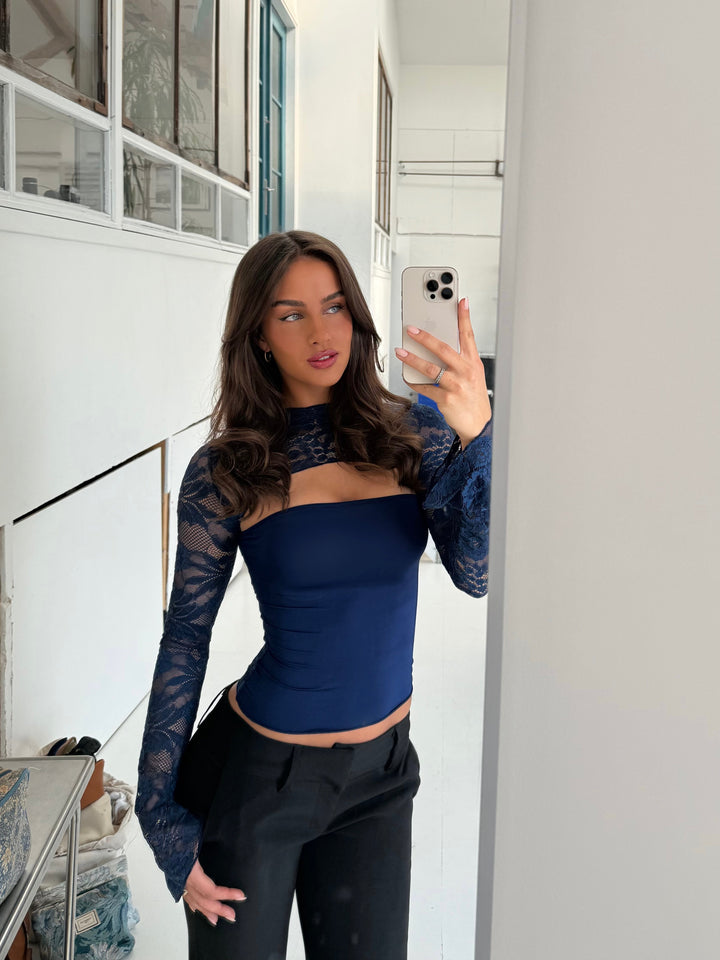 Lara lace long sleeve top - mørk blå