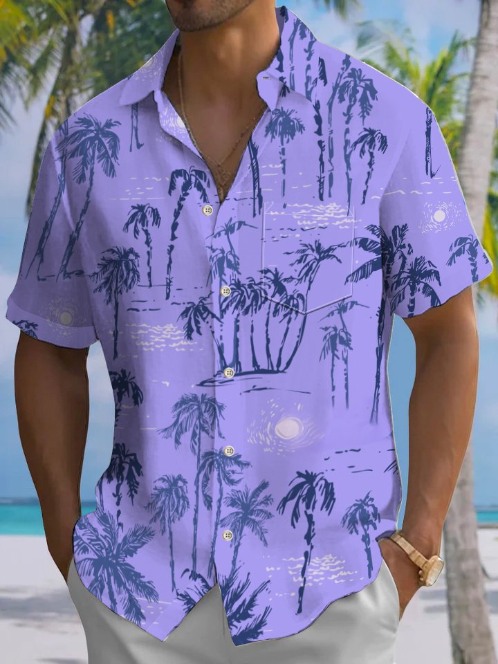 Alohadaddy Hawaiian Palm Tree Painting Art Button Cardigan Pockets Large Size Long Polyester Short Sleeve Shirt