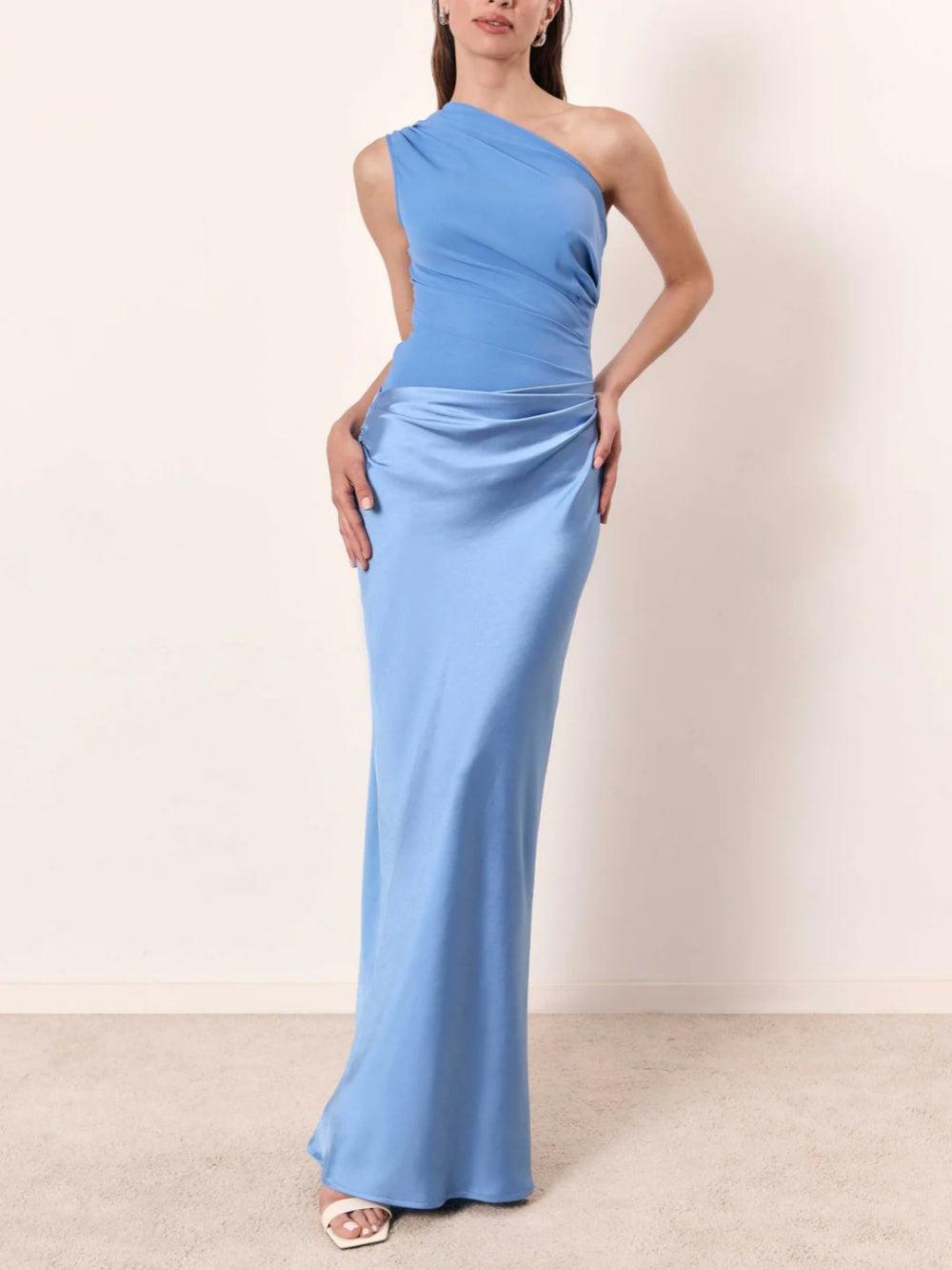 One Shoulder Neck Pleated Party Maxi Dress