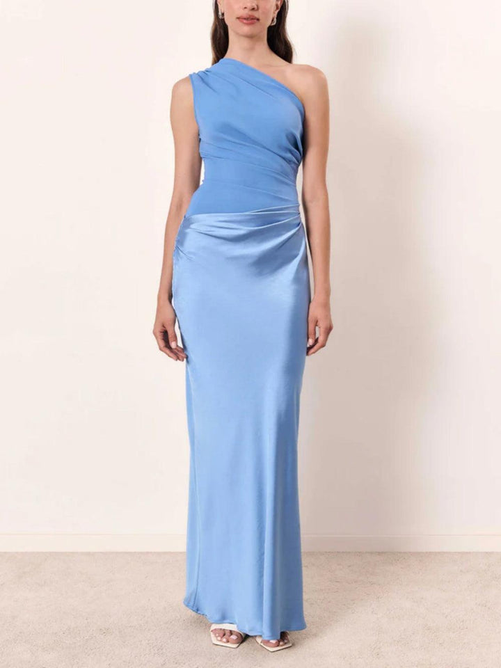 One Shoulder Neck Pleated Party Maxi Dress