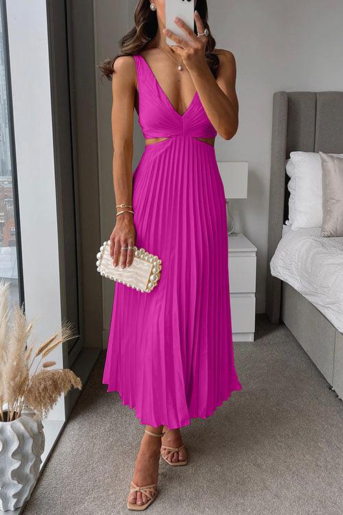 V Neck Cut Out Waist Sleeveless Pleated Maxi Dress