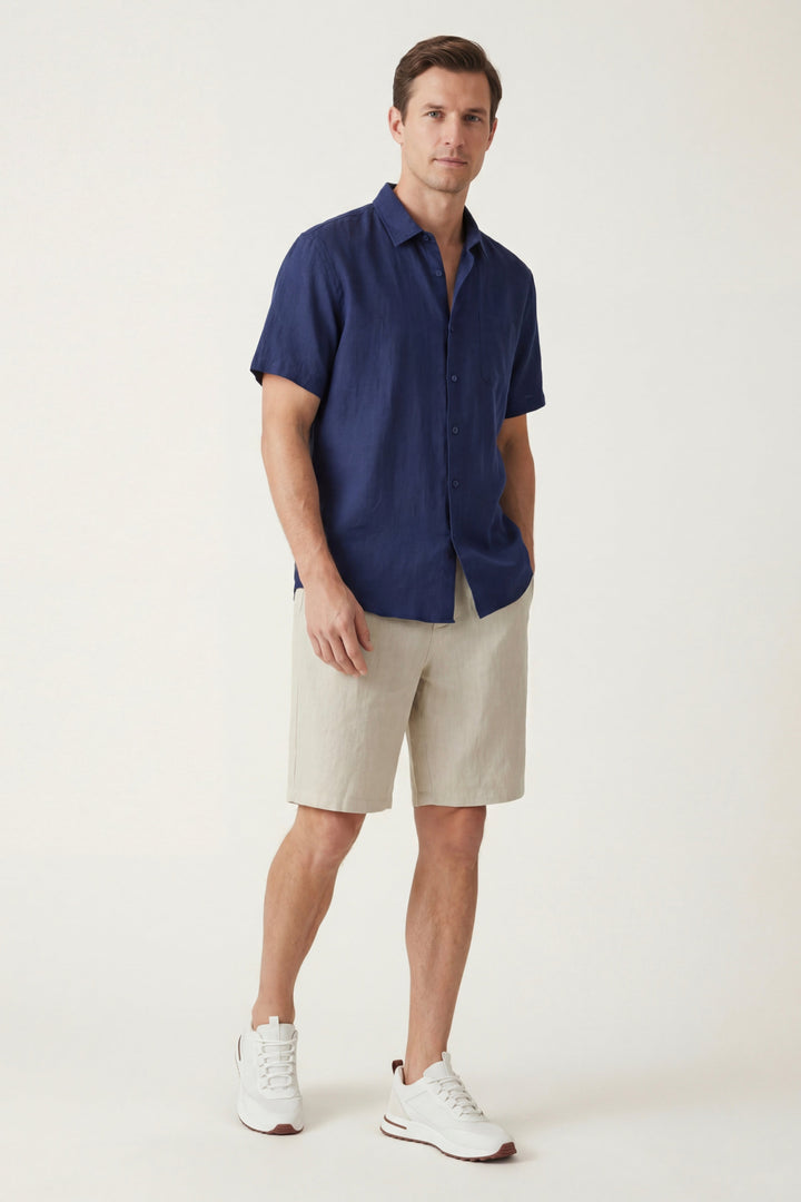 Skjorte og Shorts i Linned Verona Blå/Naturlig