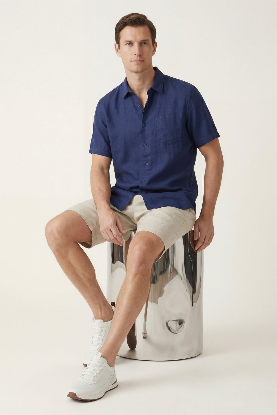 Skjorte og Shorts i Linned Verona Blå/Naturlig