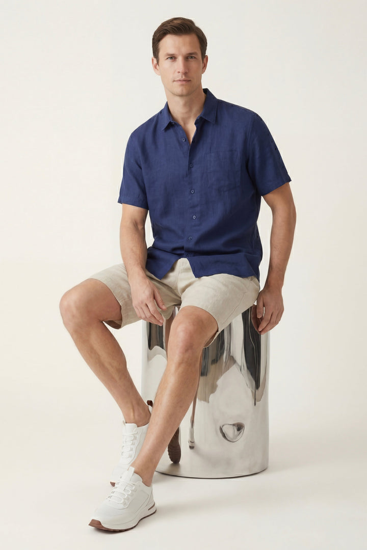 Skjorte og Shorts i Linned Verona Blå/Naturlig